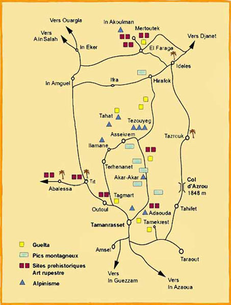 Carte des sites touristiques du Hoggar.